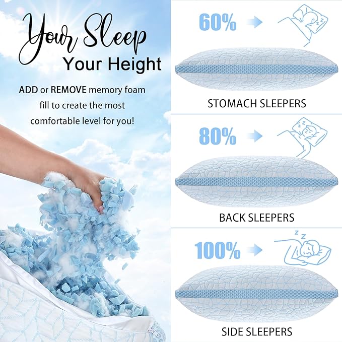 Shredded Memory Foam Pillow, Bed Pillows for Sleeping on Back, Stomach and Side Sleeper, Adjustable Pillows with Washable Cover (King - 2 Packs)