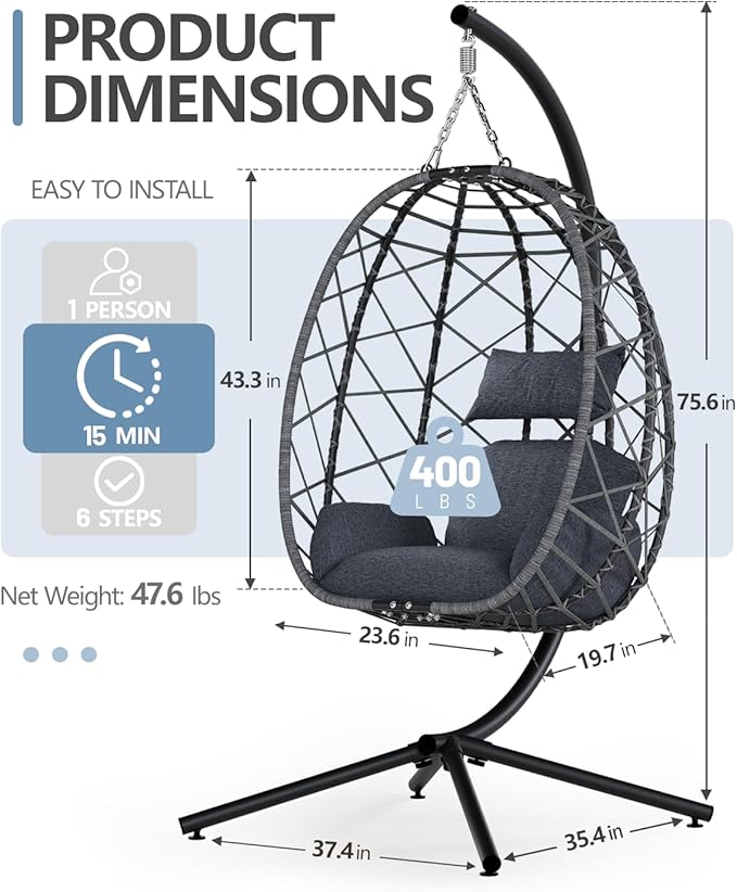 SWITTE Egg Swing Chair with Stand, Outdoor Patio Hanging Egg Chair, Indoor Hammock Chair with Cushion for Garden Backyard, 350LBS Capacity-Dark Grey