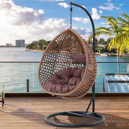 JUFU Egg Swing Chair with Stand,Hanging Egg Chair Indoor Outdoor,Hammock Hanging Basket Chair with Aluminum Steel Frame，Patio Egg Chair with Removable Cushions for Patio Balcony Backyard,Bedrooms