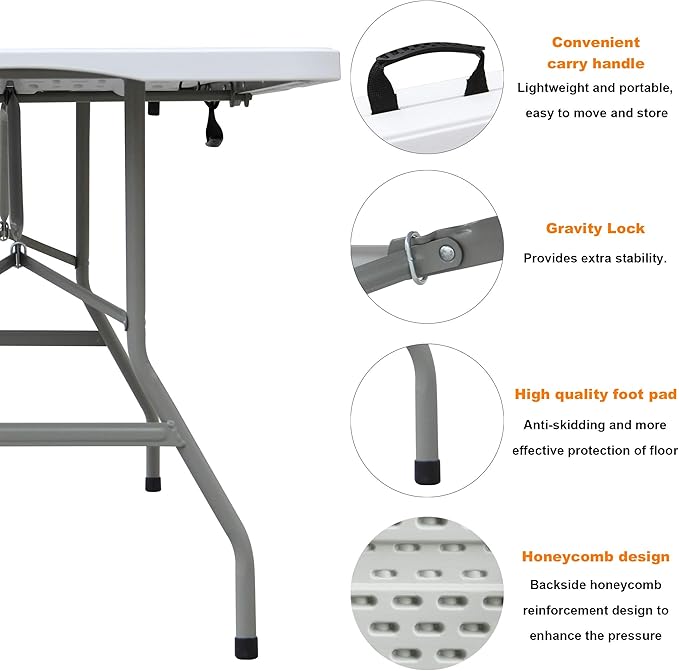 FORUP 6ft Table, Folding Utility Table, Fold-in-Half Portable Plastic Picnic Party Dining Camp Table (White)