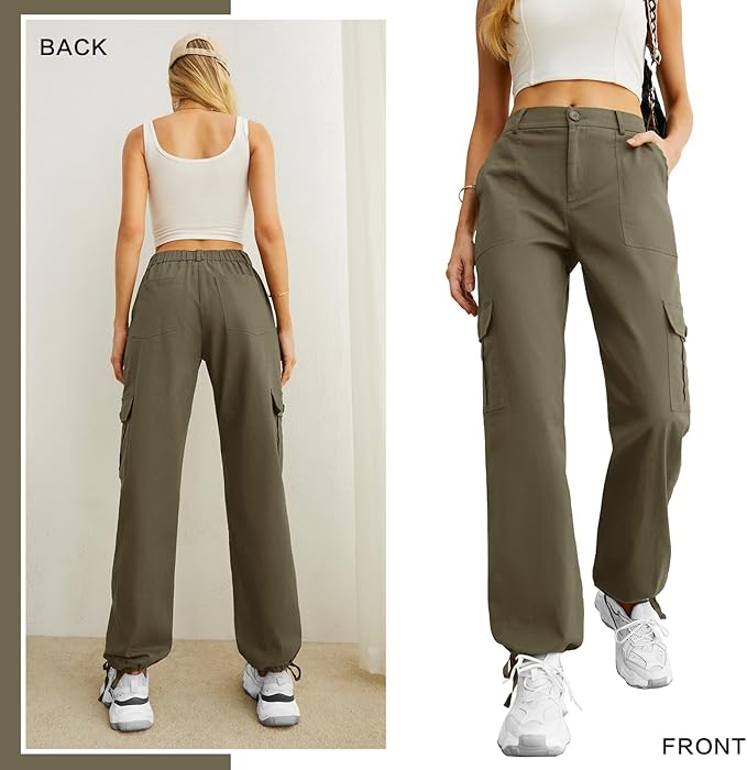 Lepunuo Women's High Waisted Cargo Pants Travel Y2K Streetwear Baggy Stretchy Pants with 6 Pockets Drawstring Ankle Cuffs