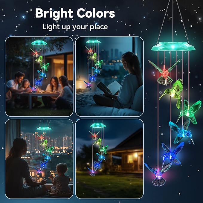 Wind Chimes,Hummingbird Solar Wind Chimes for Outside, Memorial Wind Bell for Garden/Patio Mobile Decorative Thanksgiving Gifts for Mom, Wife, Grandma Neighbors(Green 28")