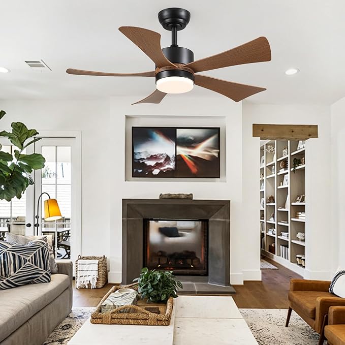 42 inch Ceiling Fans with Lights, Modern Ceiling Fan with Remote Control App, DC Motor Quiet, 3CCT Dimmable Memory, Led Sloped Flat Ceiling Fan with Light for Bedroom Indoor&Outdoor Patio Wood Brown