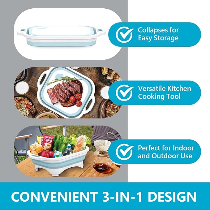 Collapsible Cutting Board,HI NINGER Camping cutting board with knife,Multifunctional Kitchen Vegetable Washing Basket Silicone Dish Tub for Camping Kitchen essentials/bbq prep tub/rv accessories
