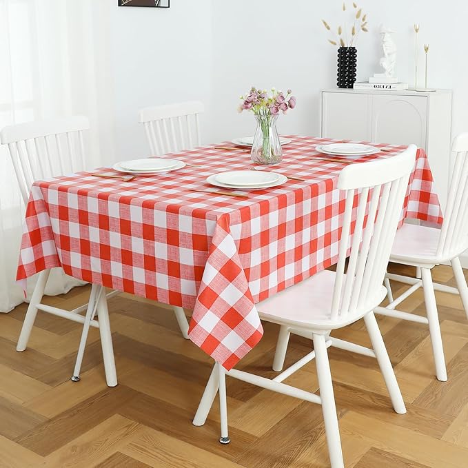 Romanstile Rectangle Plastic Tablecloth, 100% Waterproof Oil-Proof Checkered PVC Table Cloth, Heavy Duty Vinyl Table Cover for Dining, Camping, Picnic, Outdoor - 54 x 78 Inch, Red and White
