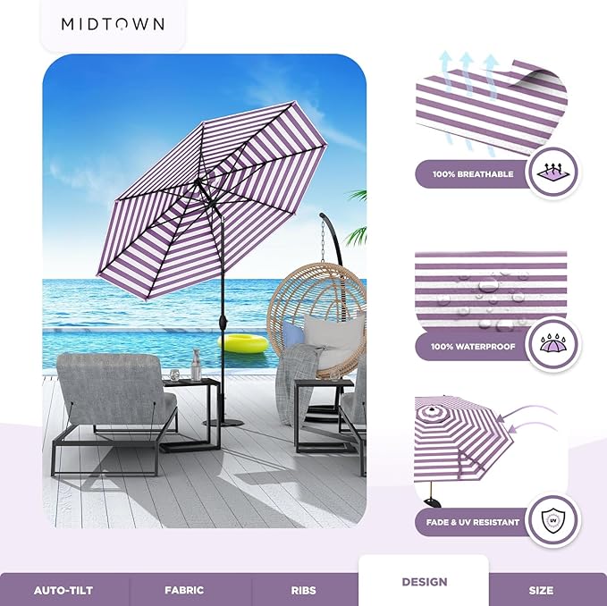 Midtown Umbrellas 10-Year-No-Fade - 9 Ft - UV Proof Purple Stripe Polyester Fabric - Umbrella Outdoor Patio, Auto-Tilt Aluminum Frame Patio Umbrella for Garden, Pool & Deck - Black Pole