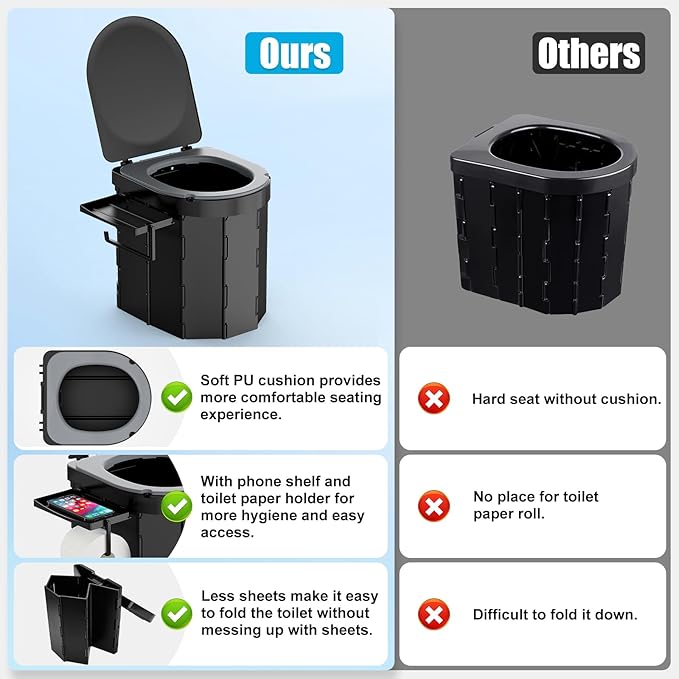 Portable Camping Toilet with PU Cushion, Folding Toilet for Adults with Phone Shelf and Toilet Paper Holder, Camping Porta Potty with Lid for Camping, Hiking, RV Travel, Road Trips