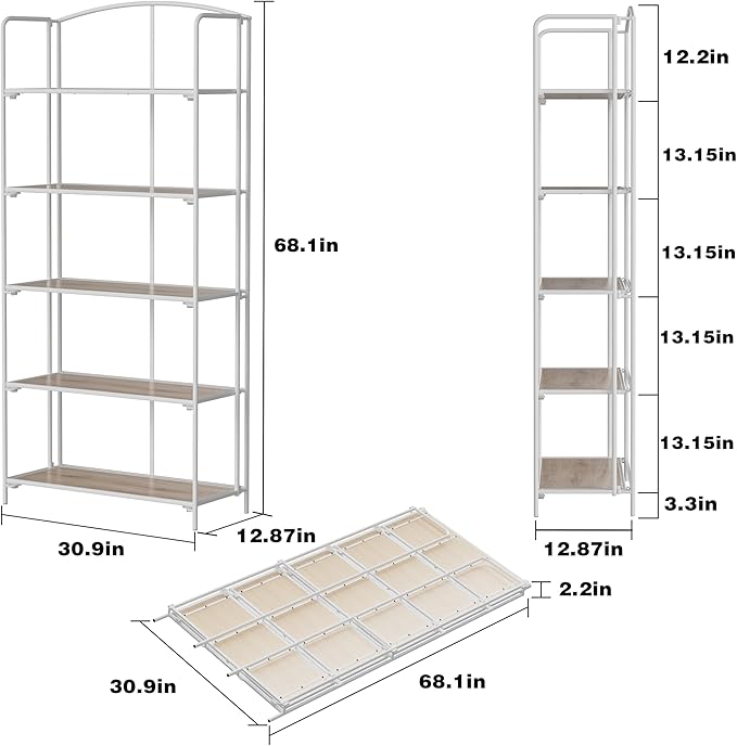 Crofy No Assembly Folding Bookshelf for Living Room, 5 Tier White Collapsible Book Shelf for Home Office, Portable Bookcase Storage Organizer