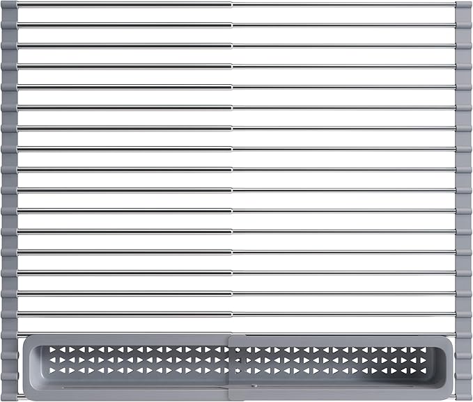 Over The Sink Dish Drying Rack for Kitchen, Expandable (12.8"-23.8" D x 15.5" W) Roll Up Dish Drainer with The Function of Fordable, Rust Proof, Large Sink Cover with Removable Utensil Holder