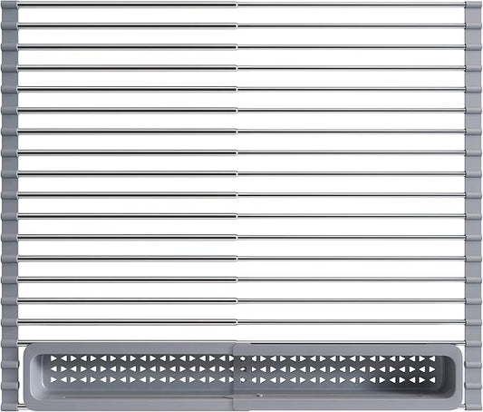 Over The Sink Dish Drying Rack for Kitchen, Expandable (12.8"-23.8" D x 15.5" W) Roll Up Dish Drainer with The Function of Fordable, Rust Proof, Large Sink Cover with Removable Utensil Holder