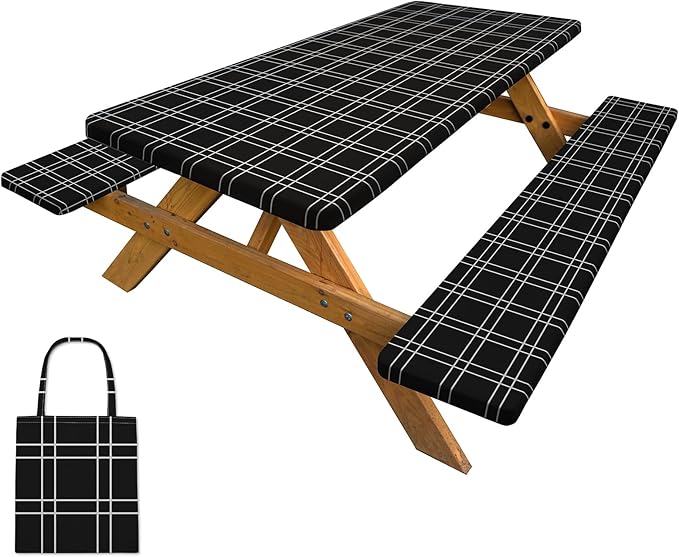 Picnic Table Cover with Bench Covers Camping Tablecloth with Storage Bag Windproof Waterproof Picnic Table Covers with Elastic for Camping