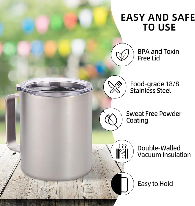 Volhoply 14oz Insulated Stainless Steel Coffee Mug with Lid Bulk 2 Pack,Double Wall Vacuum Travel Coffee Cup with Handle,Reusable Metal Cups Tumbler,Camping Mugs Keep Hot,Ideal Gifts(Silver,2)