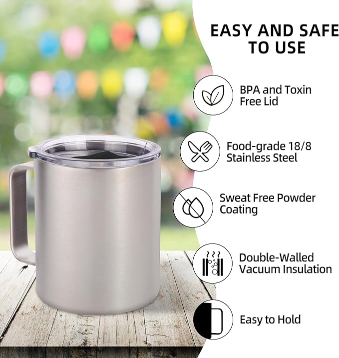 Volhoply 14oz Insulated Stainless Steel Coffee Mug with Lid Bulk 8 Pack,Double Wall Vacuum Travel Coffee Cup with Handle,Reusable Metal Cups Tumbler,Camping Mugs Keep Hot,Ideal Gifts(Silver,8)