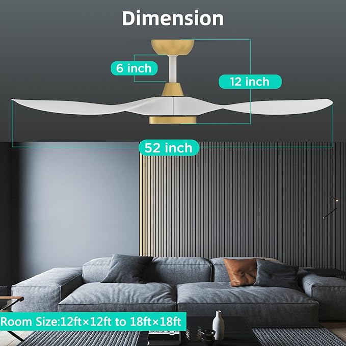 Roomratv Ceiling Fans with Lights,Large Airflow 52inch Modern Ceiling Fan with Quite Reversible DC Motor 3 Color Temperature LED Light (White Gold)