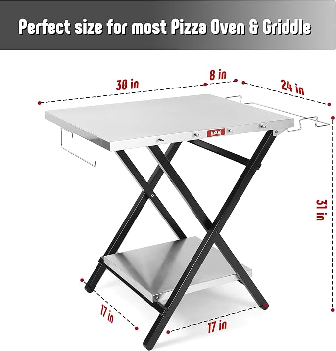 Outdoor Grill Table, Foldable Pizza Oven Stand & Blackstone Griddle Stand with Garage Rack & Tissue Holder, Folding Outdoor Prep Table for Gathering and Party, 30" x 24", Stainless Steel