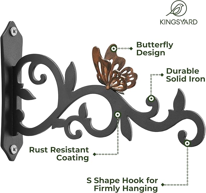 Kingsyard 2-Pack Wall Plant Hanger - 8 Inch Heavy Duty Metal Hooks with Butterfly Decor for Hanging Plants, Feeders, Lanterns & Wind Chimes, Indoor&Outdoor Use, Copper