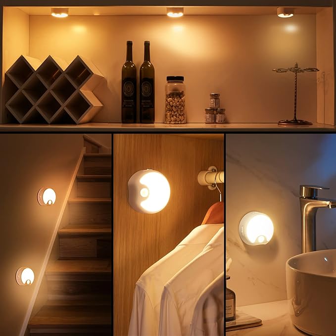 Motion Sensor Light Indoor Rechargeable 3PACK,65 Lumen+3 Modes Sensor Lights Indoor, Just-Stick-it Stairs Lights,Rechargeable Motion Sensor Light Motion Detector Lights for Inside