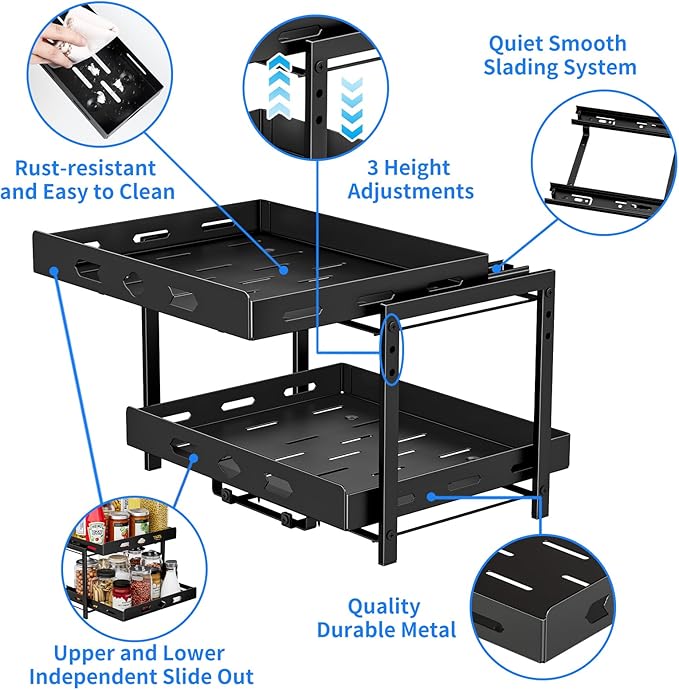 Spice Organization for Cabinet, 2-Tier Cabinet Spice Rack, Height Adjustable Vertical Spice Rack Pull Out for Kitchen, Cabinet, Pantry (14.1''Wx10.8''Dx9.2''H, Metal Black)