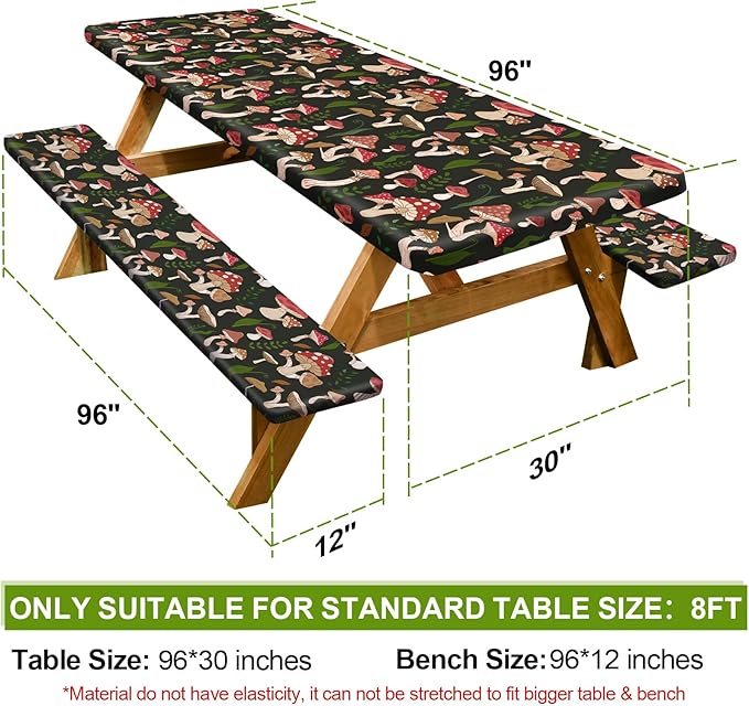 Picnic Table Cover with Bench Covers Camping Essentials Waterproof Windproof Camping Tablecloth with Drawstring Bag, Fitted Rectangle Tables and Seats, 96in, Black Red