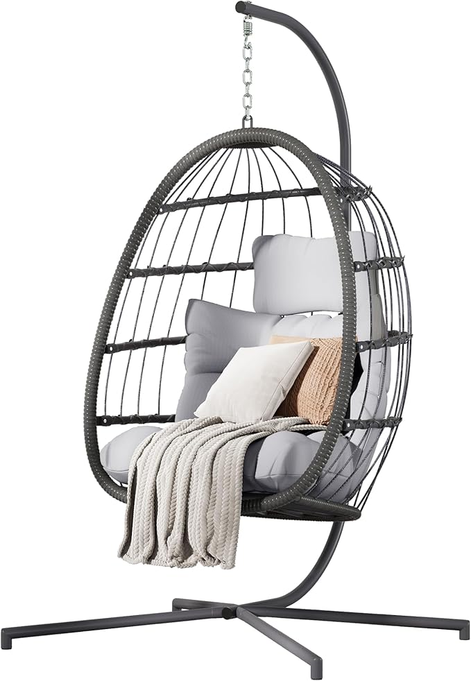HWB Hanging Egg Chair with Stand, Patio Wicker Hammock Egg Swing Chair with Cushion for Bedroom Garden Indoor Outdoor (Grey)