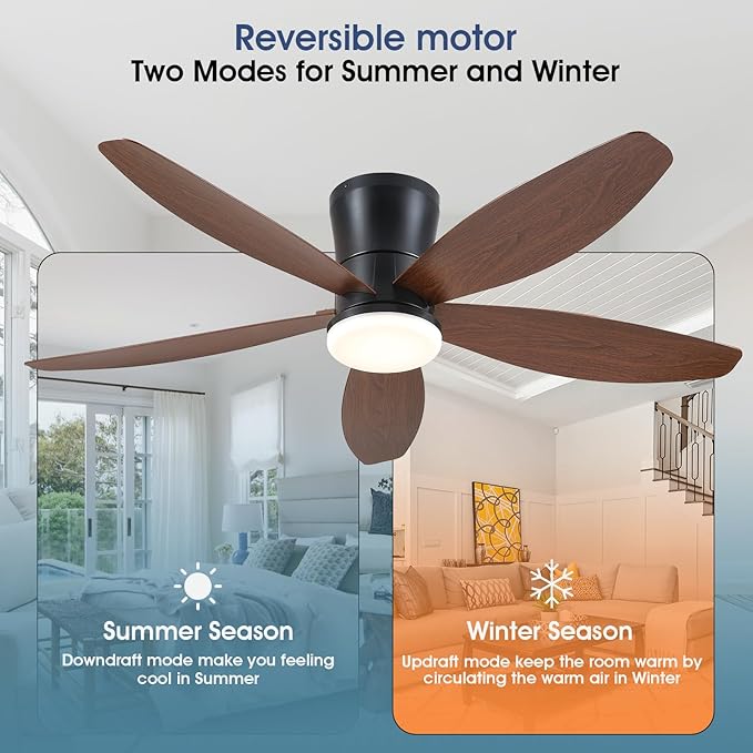 Ceiling Fans with Lights-48 Low Profile Ceiling Fan with Light and Remote/APP Control,Flush Mount,DC Reversible,LED Dimmable Modern Ceiling Fans for Bedroom,Indoor/Outdoor Patio Use(Brown)