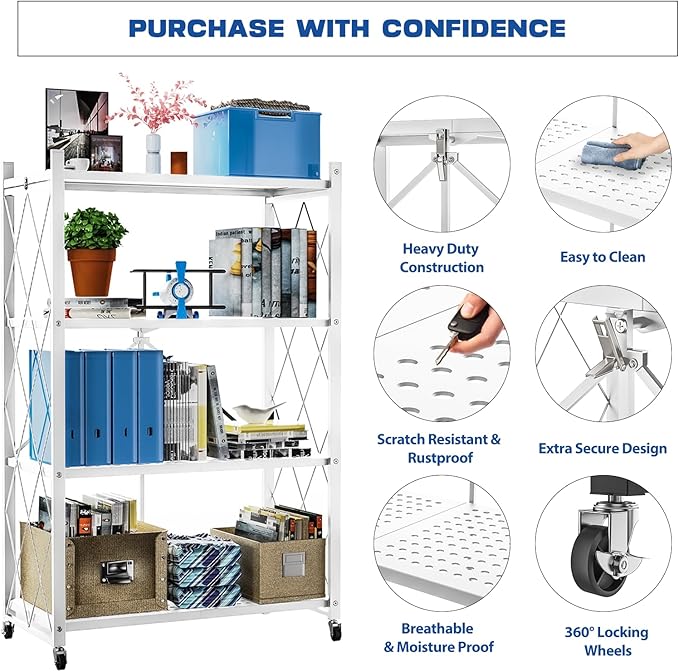 4-Tier Foldable Storage Shelf with Wheels - Metal Rack Collapsible Shelving Unit Display, Rolling Cart for Books Kitchen Storage Shelves, Pantry & Closet Organizer, Office Room Decor
