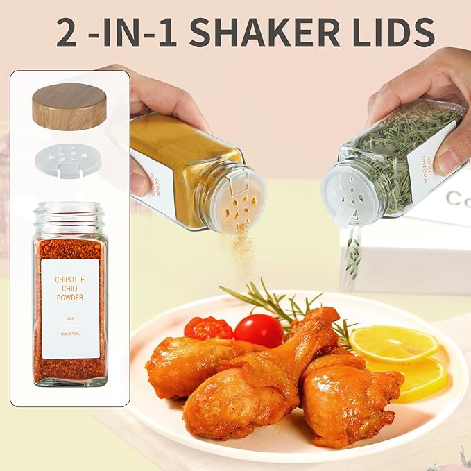 Spice Jars with Label，4oz Seasoning Containers, Glass Spice Bottles with Shaker Lids,Funnel, Chalk Pen (24)
