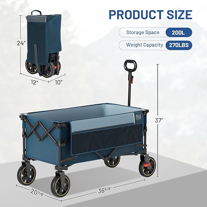 TIMBER RIDGE Collapsible Wagon Cart with Brakes, 200L Large Capacity Compact Portable Easy to Carry Folding Wagon, Utility Grocery Cart for Camping, Gardening, Shopping