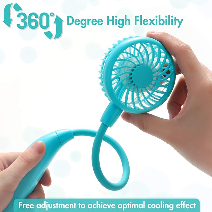 Portable Neck Fan, 2600mAh Battery Operated, Ultra Quiet Hands Free USB Fan with 3 Speeds, Strong Wind, 360° Adjustable High Flexibility Wearable Personal Fan for Sport Office Outdoor Travel (Cyan)