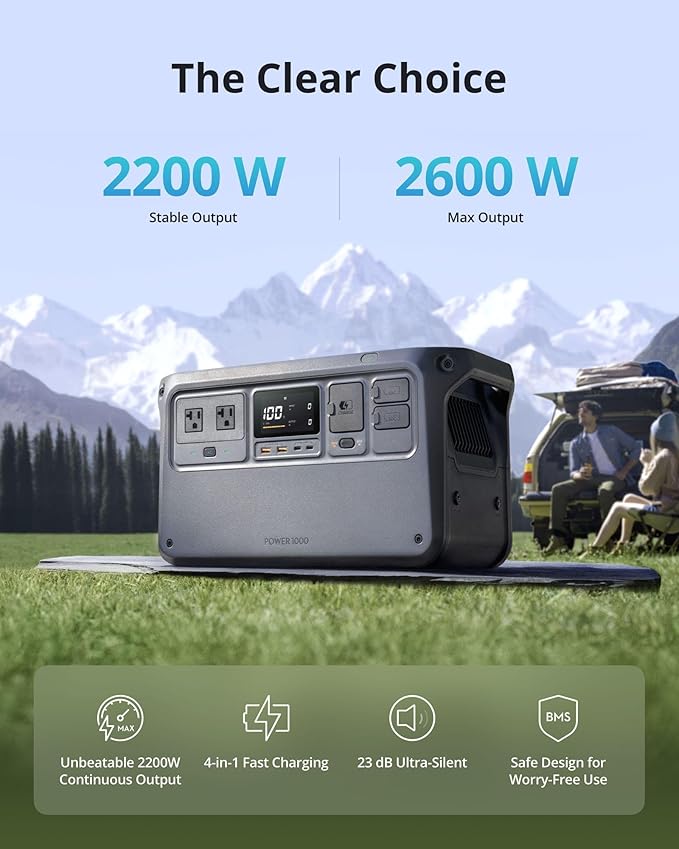 DJI Power 1000 Portable Power Station, 1024Wh LiFePO4 Battery, 2200W (Peak 2600W) AC/140W USB-C Output, 23db Ultra-Silent, Solar Generator For Home Backup, Camping(Solar Panel Optional)