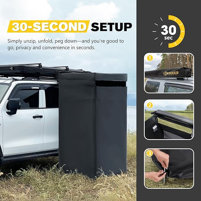 BUNKER INDUST Vehicle Side Shower Tent with Roof, Car Portable Privacy Shower Bathroom, Outdoor Camping Awning Shower Room Waterproof, Built-in LED Light for Night, Black