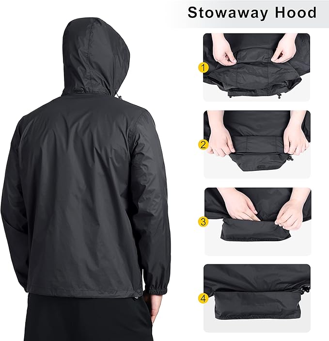 Outdoor Ventures Men's Rain Jacket Waterproof Lightweight Packable Rain Shell Raincoat with Hood for Golf Hiking Travel