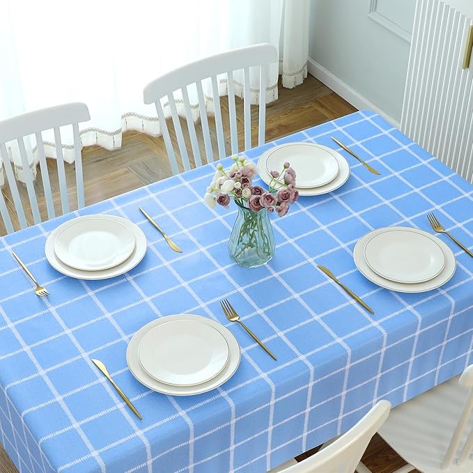 Romanstile Rectangle Plastic Tablecloth, 100% Waterproof Oil-Proof Checkered PVC Table Cloth, Heavy Duty Vinyl Table Cover for Dining, Camping, Picnic, Outdoor - 54 x 120 Inch, Light Blue