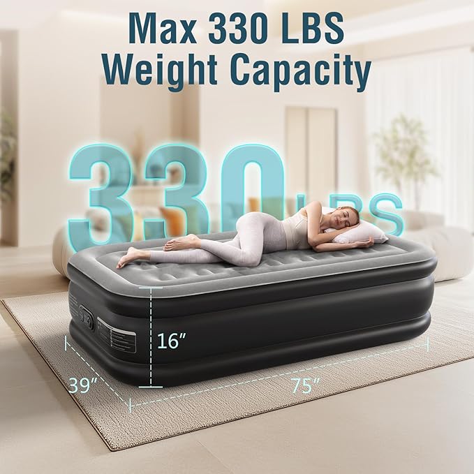 Twin Air Mattress Twin with Built in Pump 16" Double Height Inflatable Mattress with Soft Flocked Top & Carry Bag Adjustable Blow Up Mattress Portable Air Bed for Guest Indoor Travel-Black