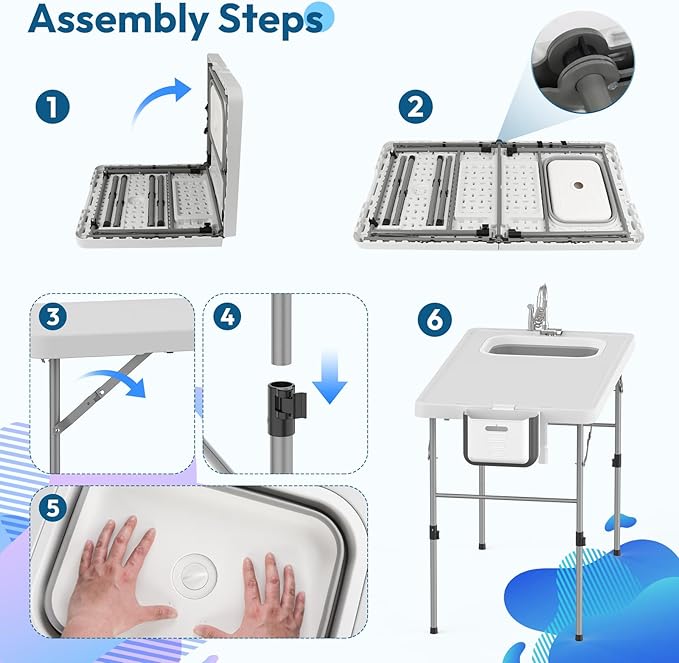 HLPB Fold in Half Folding Fish Cleaning Table with Sink, Foldable Protable Camping Sink Table with Drainage Hose & Fish Cleaning Kit, Fish Fillet Cutting Desk for Picnic Patio Backyard BBQ, White