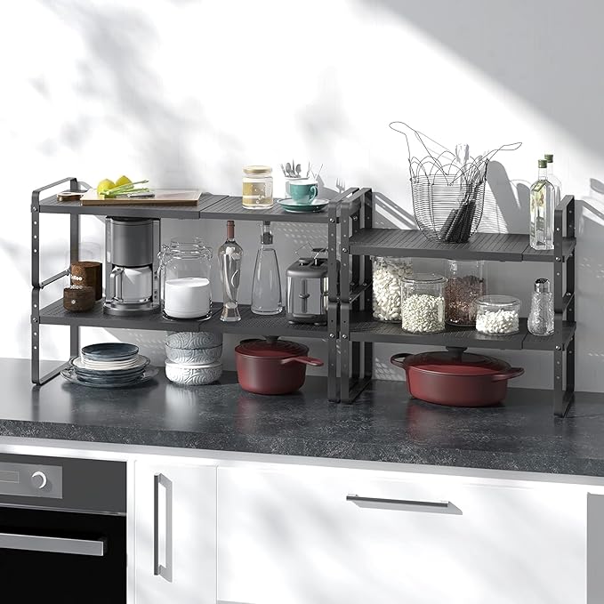 Expandable Kitchen Cabinet Shelf Organizer Rack Heavy Duty Metal Spice Rack Stackable Kitchen Counter Storage Shelf for Kitchen Cabinet Pantry Bathroom (Black - 16.5"-27" L x 8" W x 9.6" H - 3Pack)