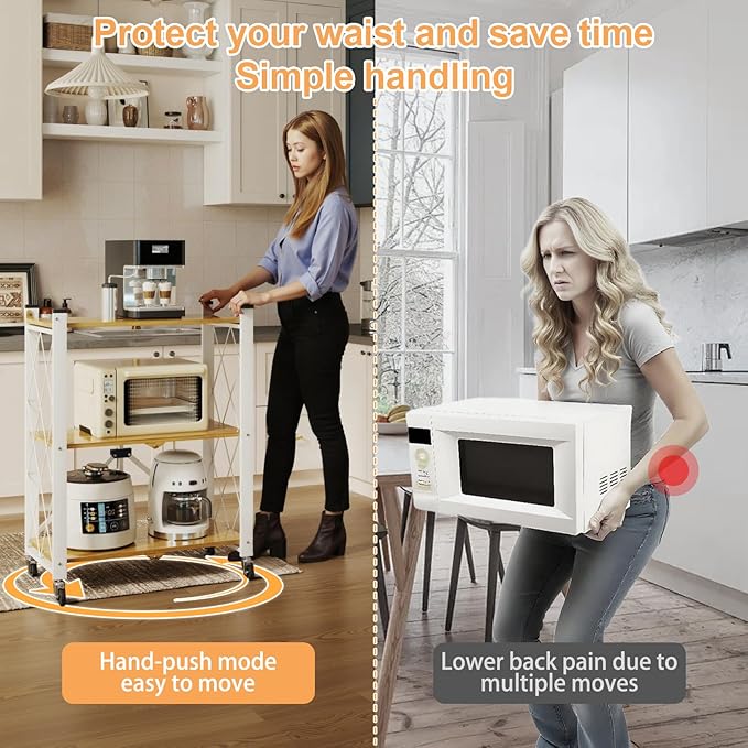 3 Tier Folding Shelf with Wheels, Metal Steel Collapsible Shelves, Folding Bookshelf no Assembly, Portable Folding Storage Shelves, Rolling Standing Utility Rack for Kitchen, Office, Bedroom, Natural