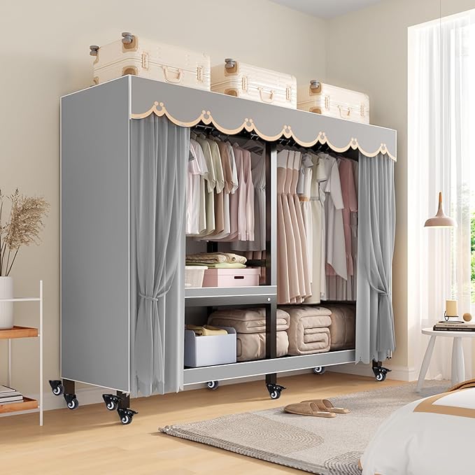 FPIGSHS Heavy Duty Clothes Rack with Cover 2000LBS Foldable Portable Wardrobe Closet for Hanging Clothing Rolling Garment Rack on Wheels for Bedroom Closet System (D(Gauze Curtain Cover, 71in)
