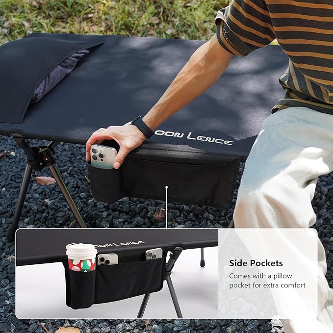 MOON LENCE Height Adjustable Camping Cot - Supports 330 lbs, Portable Folding Bed with Leg Extenders for Camping, Hiking, Sleeping, Black