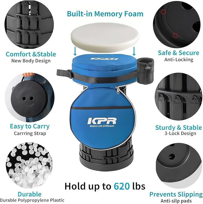 2025 Upgraded Collapsible Stool & 3IN1 Cushioned Carry Bag, Portable Telescopic Camping Chair, Adjustable Height Folding Step Stool Retractable Seat or Footrest for Outdoors & Indoor, Max 620lbs