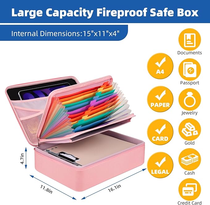 File Organizer, Hard Case Fireproof Document Box with Lock, Hard-Shell Important Document Organizer Safe Box Fireproof Waterproof, Home Office Supplies Storage and Organization (Pink)