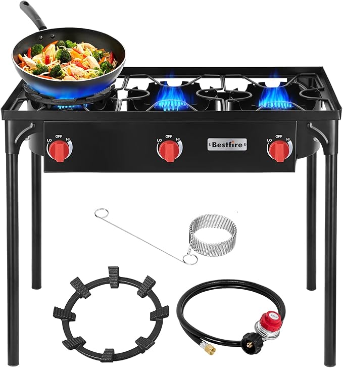 Bestfire 3 Burners Camping Stove for Cooking Outdoor, 225,000 BTU Propane Burners with Auto Ignition Button&Removable Legs, Temperature Control Knobs and 20 PSIG High Pressure Regulator for BBQ
