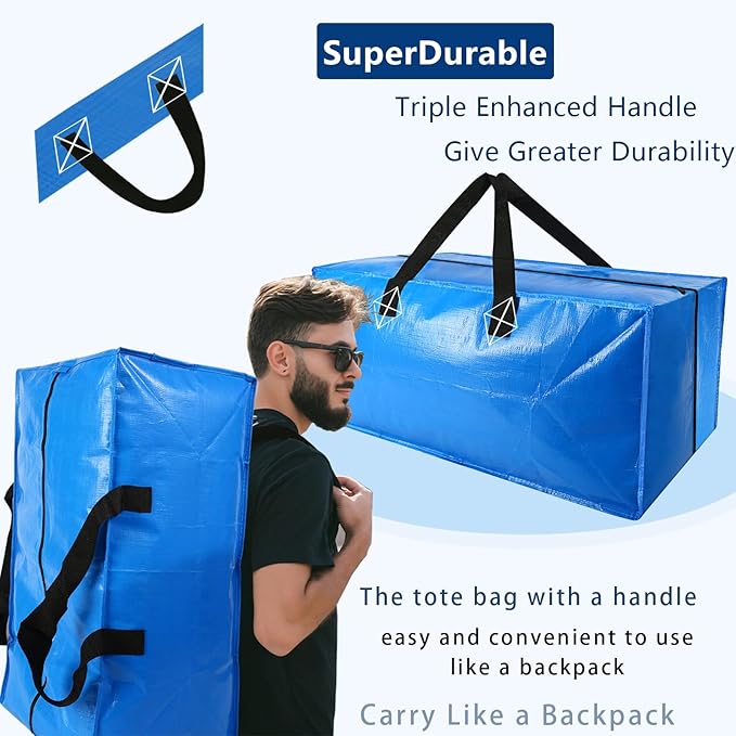 2 Pack Heavy Duty Extra Large Moving Bags Storage Tote - Strong Handles& Backpack Straps - Space Saving Storage Bags Alternative to Moving Boxes and Bins,Compatible with Ikea Frakta Cart, Blue