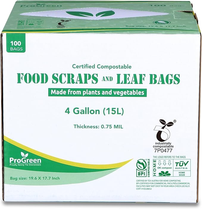 ProGreen Compostable Trash Bags, Extra Thick, Compost Kitchen Bin Bags, Food Scraps Yard Waste Bags, ASTM D6400 BPI and TÜV AUSTRIA Certified (4 Gallon, Pack of 100)