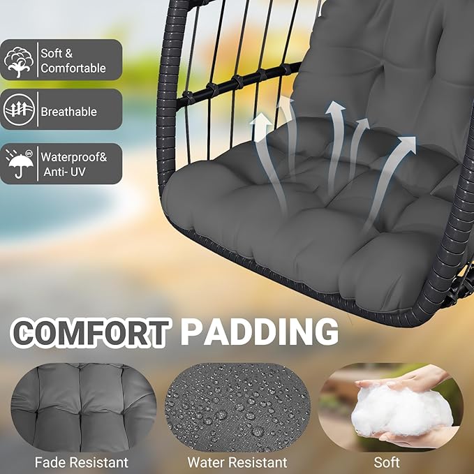 Egg Chair with Stand,Patio Rattan Wicker Hanging Swing Egg Chair Hammock Chair for Bedroom Porch Garden,Thickened Aluminum Alloy Steel Frame and UV Resistant Cushion,350LBS Capacity