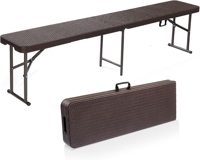VINGLI 6 feet Plastic Folding Bench,Portable in/Outdoor Picnic Party Camping Dining Seat, Garden Soccer Multipurpose Entertaining Activities, Rattan Patterned HDPE Tabletop, 1 Pack, Brown