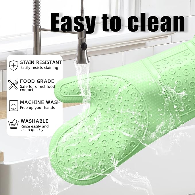 Oven Mitts with Heat-Resistant Hot Pads and Five Silicone Spatulas Designed for Kitchen Baking Cooking, Oven Glove Soft Cotton Lining, Waterproof, BPA-Free (Fluorescent Green, 12.6)