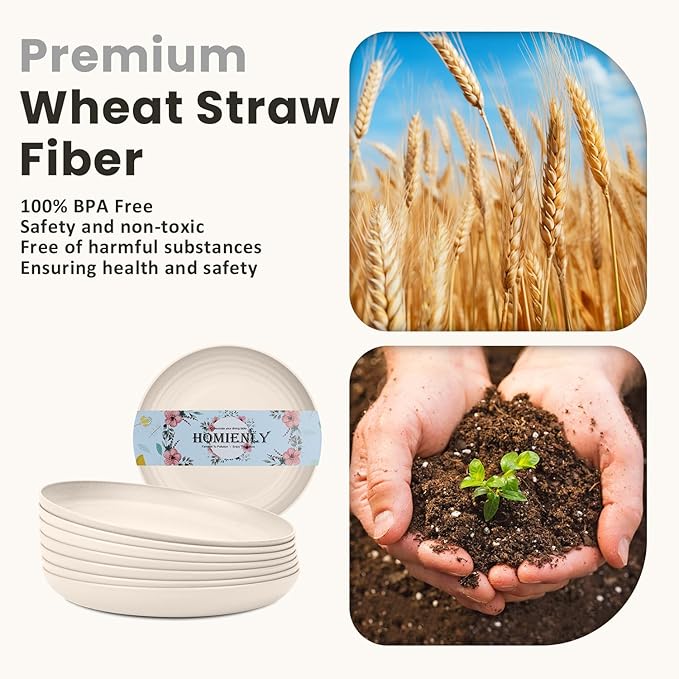 Homienly Plastic Dinner Plates, Wheat Straw Plates 11 Inch, Lightweight Unbreakable Plates Set of 8, Microwave Safe Plates, Deep Plates for Dinner - Beige