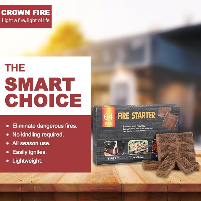 Fire Starter Cubes 64 Pcs - Fire Starters for Fireplace Indoor Outdoor Fire Pit, Chimney, BBQ Grill, Camping Fire, Wood Stove - Water Resistant and Safe Odorless Charcoal Starter - Camping Accessories