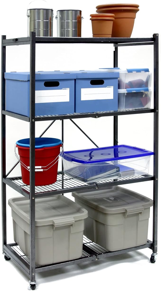 Origami 4-Pack R5 Storage Rack, 4-Tier Heavy-Duty Foldable Steel Shelf with Wheels, Gray